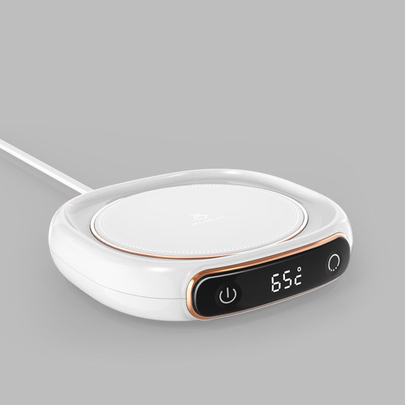 Weißer elektrischer Tassenwärmer mit digitaler Temperaturanzeige, USB-Anschluss, modernes Design.
