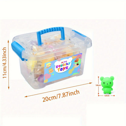 Transparente Aufbewahrungsbox mit 36 Squishy-Spielzeugen, blauer Griff, 20x11 cm.