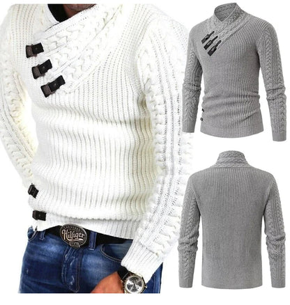 Herren Strickpullover, weiß und grau, mit Schnallen, Zopfmuster, modisch, warm, Wintermode.