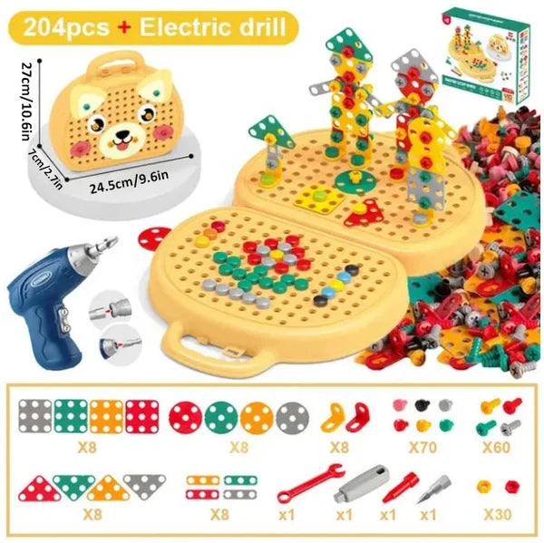 Bauset für Kinder, 204 Teile, elektrischer Bohrer, gelber Koffer, Lernspielzeug, DIY-Konstruktion.