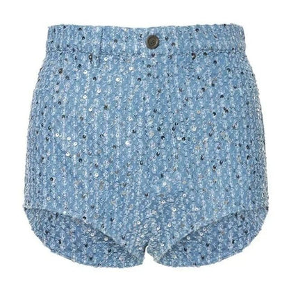 Blaue Pailletten-Shorts, Damenmode, glänzend, Sommerkleidung, modisch, elegant, Freizeit.