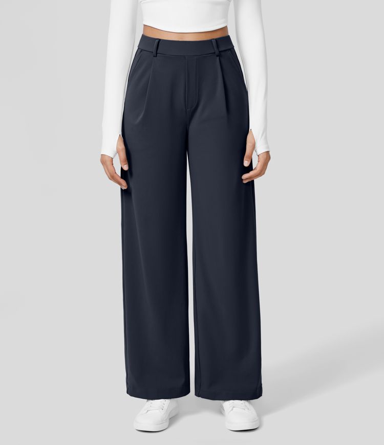 Damenhose schwarz, weit geschnitten, elegant, hohe Taille, modisch, Freizeitkleidung.