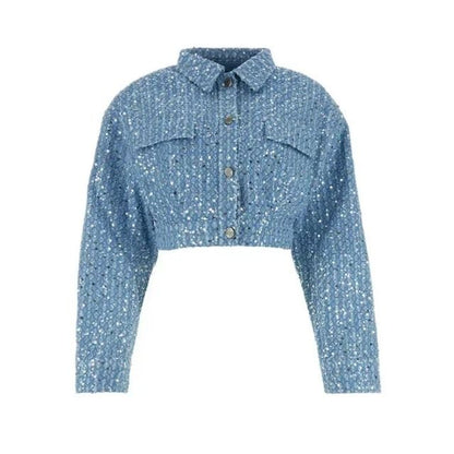 Blaue Paillettenjacke Damen, kurz, modisch, Glitzer, Knöpfe, elegantes Design, Party-Outfit