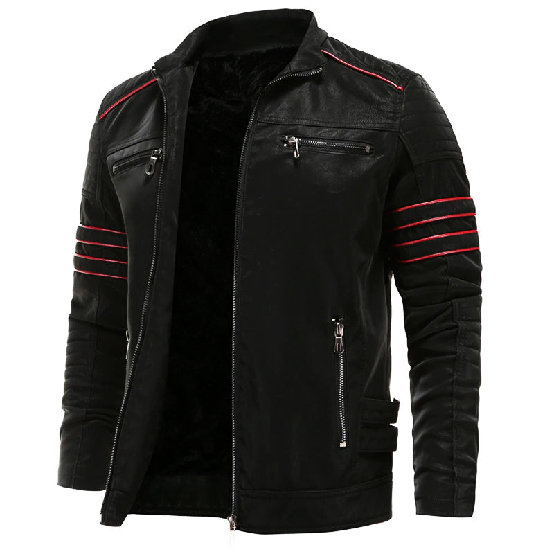 Schwarze Lederjacke mit roten Streifen, Reißverschlusstaschen, modisch, Herrenbekleidung.