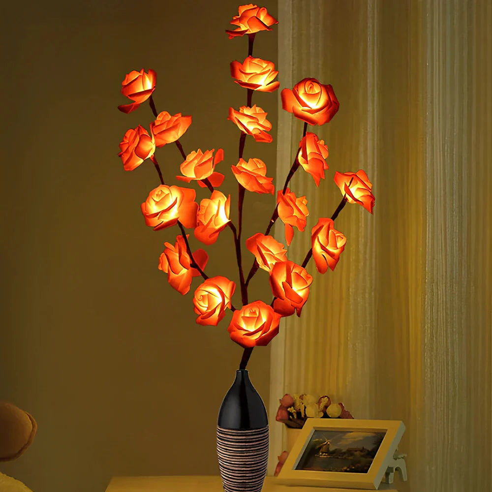 Leuchtende Rosenlampe in Vase, warmes LED-Licht, dekorative Beleuchtung für Wohnzimmer.