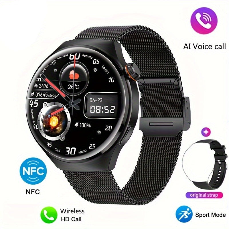 Schwarze Smartwatch mit rundem Zifferblatt, NFC, AI-Sprachsteuerung, Sportmodus, kabellosem Anruf.