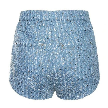 Blaue Pailletten-Shorts Damen, glitzernd, modisch, Sommermode, Party-Outfit, Rückansicht