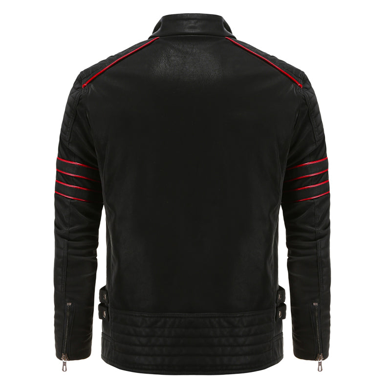 Schwarze Lederjacke mit roten Streifen, Herrenmode, Biker-Stil, Rückansicht.