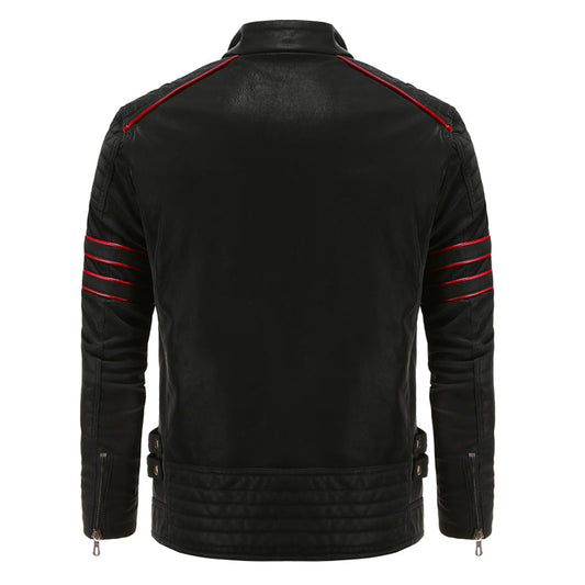 Schwarze Lederjacke mit roten Streifen, Herrenmode, Biker-Stil, Rückansicht.