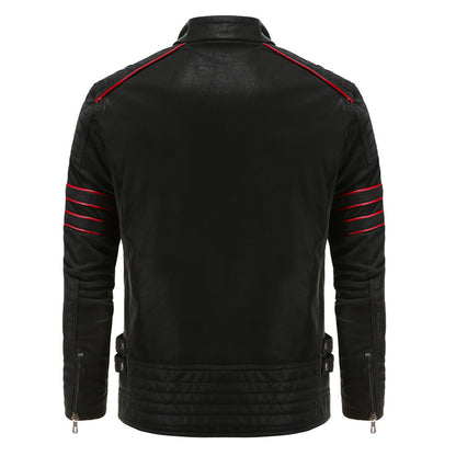 Schwarze Lederjacke mit roten Streifen, Herrenmode, Rückansicht, stilvoll und modern.