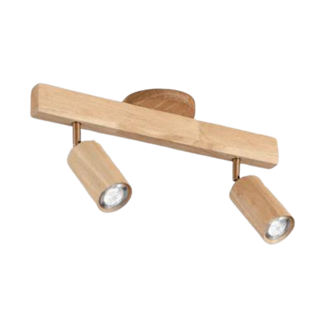 Holz-Deckenleuchte mit zwei verstellbaren LED-Spots, modernes Design, energiesparend.