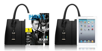 Schwarze Ledertasche mit Zeitschrift und Tablet, stilvoll, elegant, für Herren, Business-Accessoire.