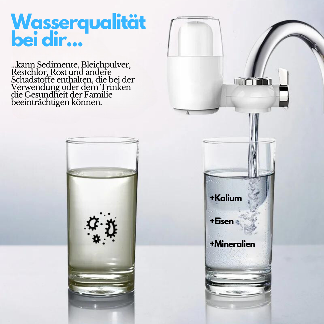 Wasserfilter am Wasserhahn, klares Wasser, Sedimententfernung, Mineralien, Küche, Gesundheit.