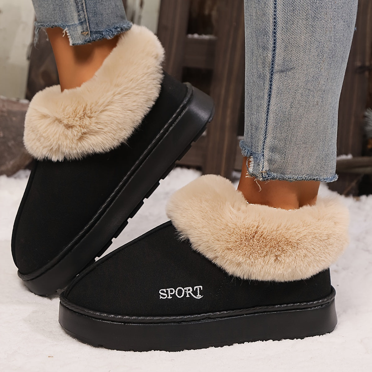 Schwarze Hausschuhe mit Kunstfell, Damen, sportlich, warm, rutschfest, Wintermode.