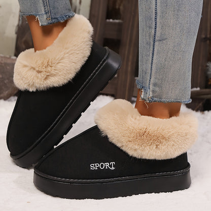 Schwarze Hausschuhe mit Kunstfell, Damen, sportlich, warm, rutschfest, Wintermode.