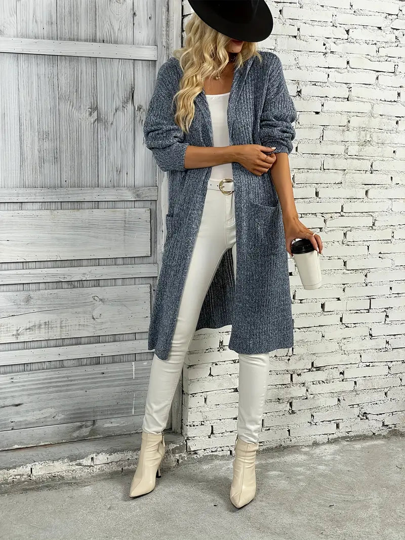 Lång damstickad cardigan för höst och vinter – Elara