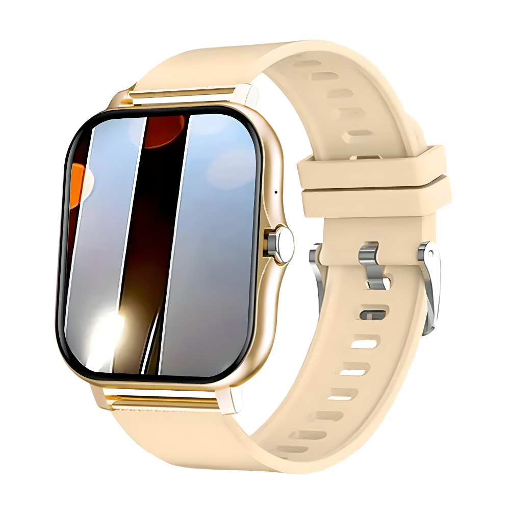 Beige Smartwatch mit rechteckigem Display und Silikonarmband, moderne Technologie, stilvolles Design.
