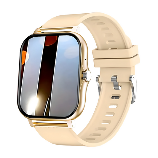 Beige Smartwatch mit rechteckigem Display, goldfarbenem Gehäuse und Silikonarmband.