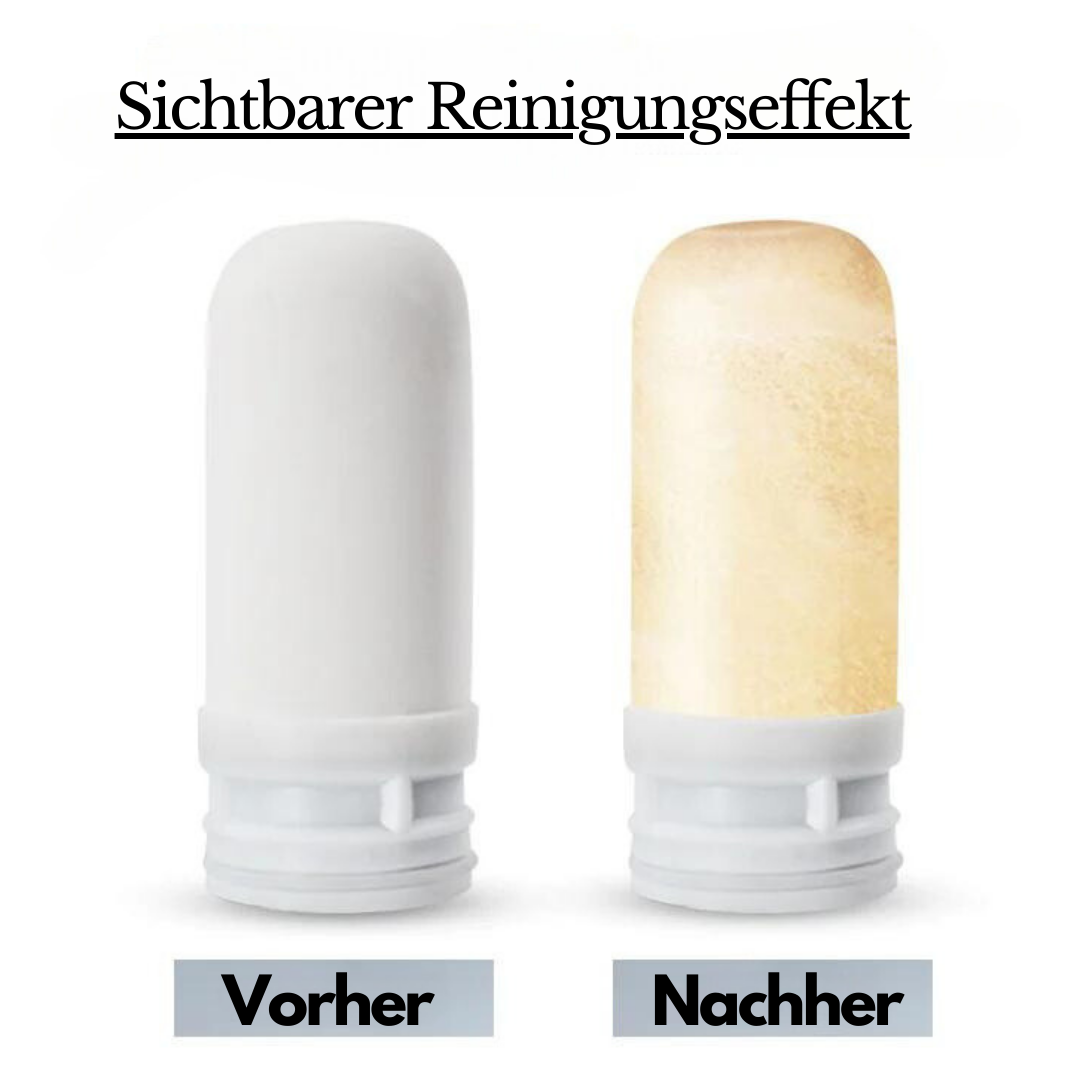 Zwei Wasserfilter im Vergleich: sauberer Filter links, verschmutzter Filter rechts.