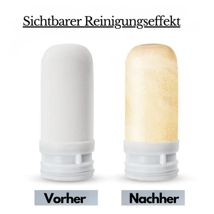 Zwei Wasserfilter im Vergleich: sauberer Filter links, verschmutzter Filter rechts.