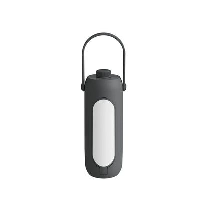 Dunkelgraue tragbare LED-Laterne mit Griff, ideal für Camping und Outdoor-Aktivitäten.