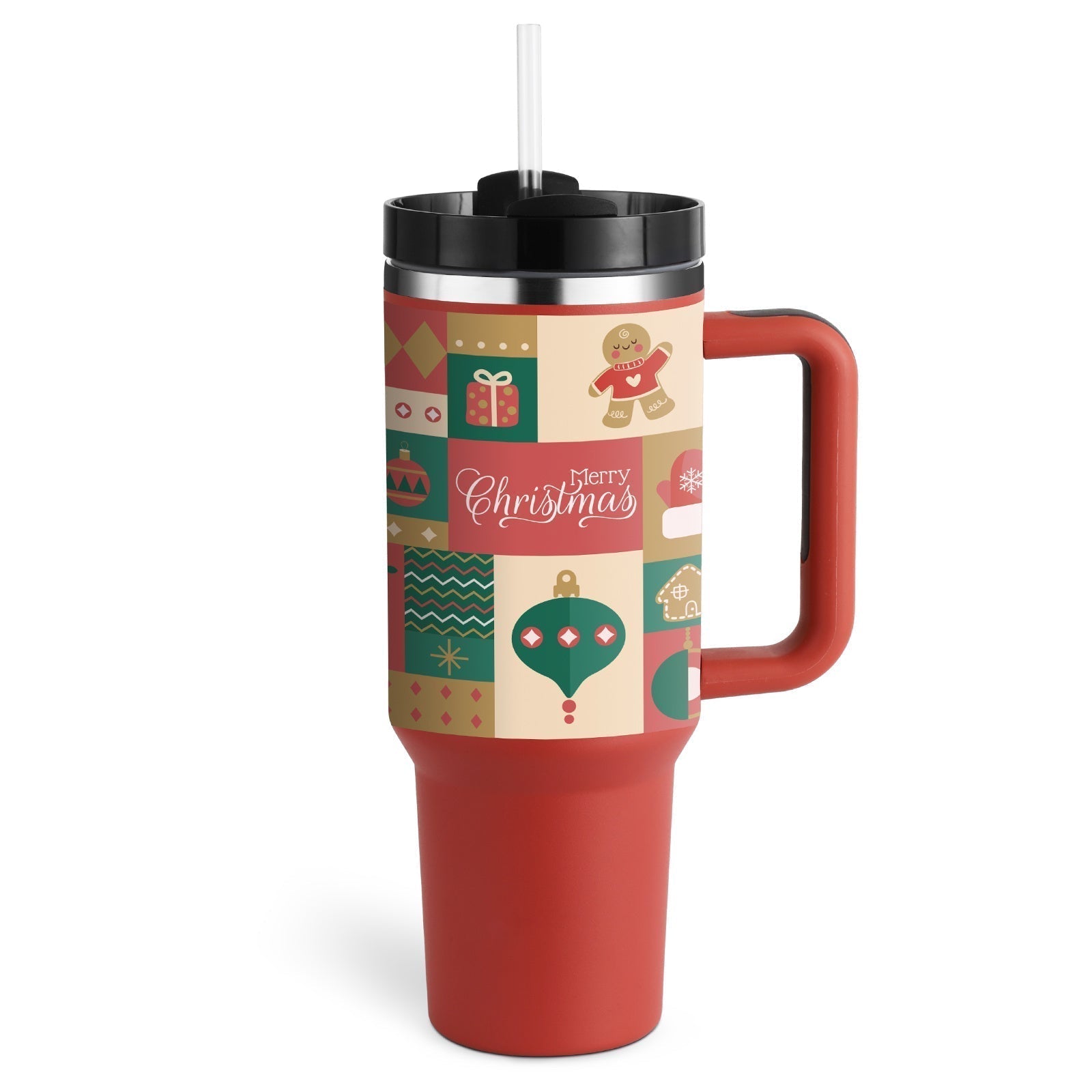 Roter Weihnachtsbecher mit Griff, festlichem Muster und Strohhalm, ideal für heiße Getränke.