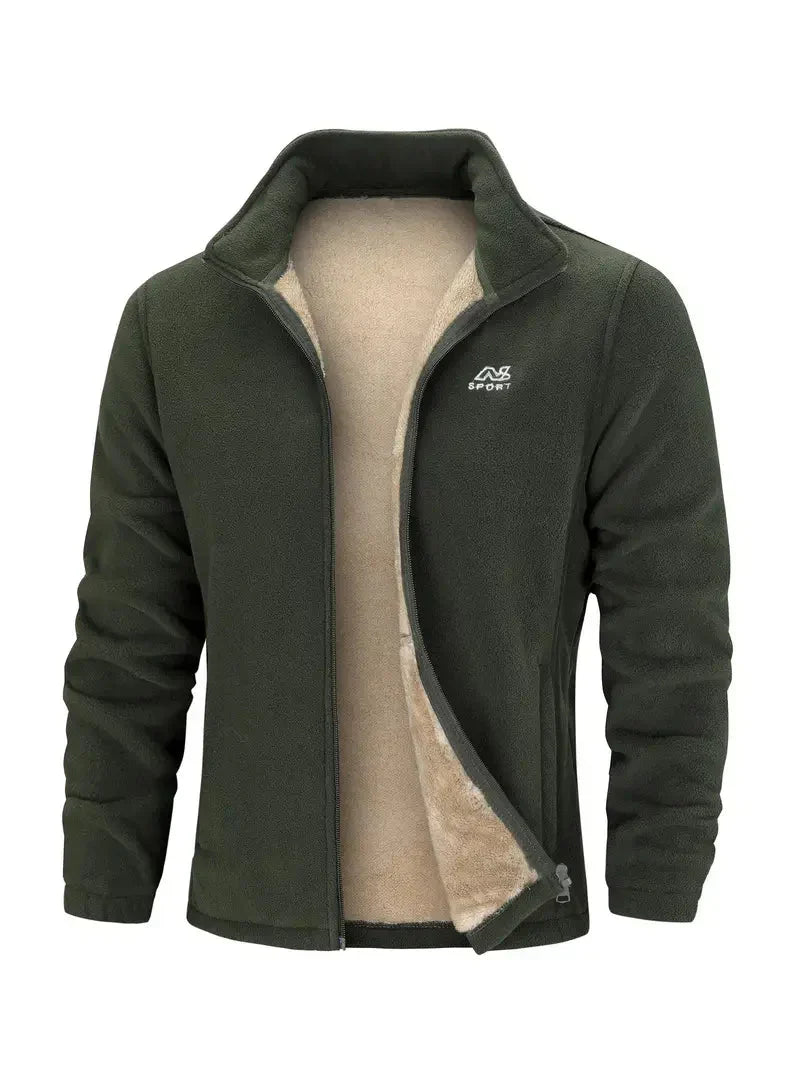 Dunkelgrüne Herren-Fleecejacke mit Reißverschluss, warmes Innenfutter, Outdoor-Bekleidung.