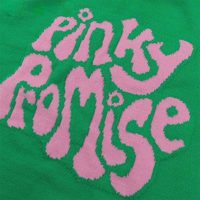 Grüner Pullover mit rosa "Pinky Promise" Schriftzug, Baumwolle, modisch, lässig, Damenmode.