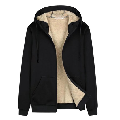 Schwarze Herren-Fleecejacke mit Kapuze, Reißverschluss, warmes Innenfutter, Wintermode.
