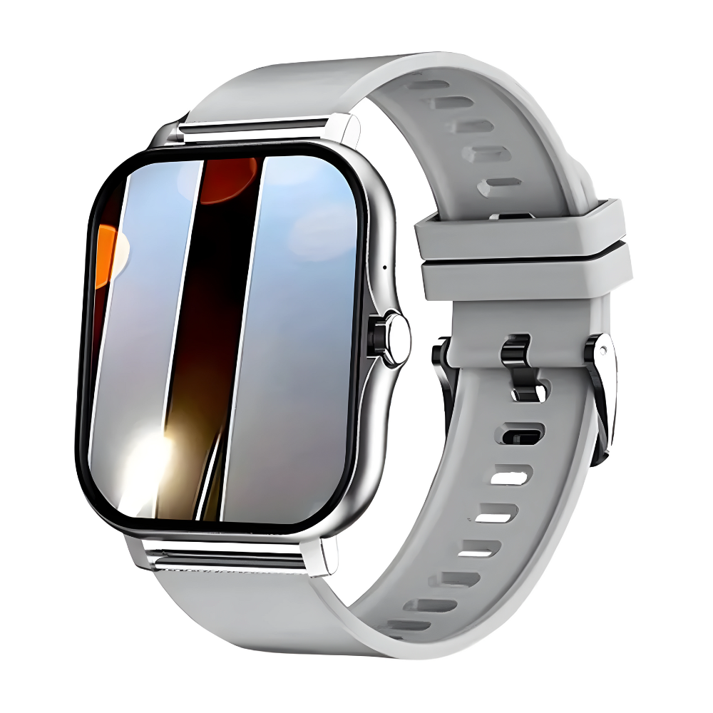Silberne Smartwatch mit rechteckigem Display und grauem Armband, moderne Technologie-Uhr.