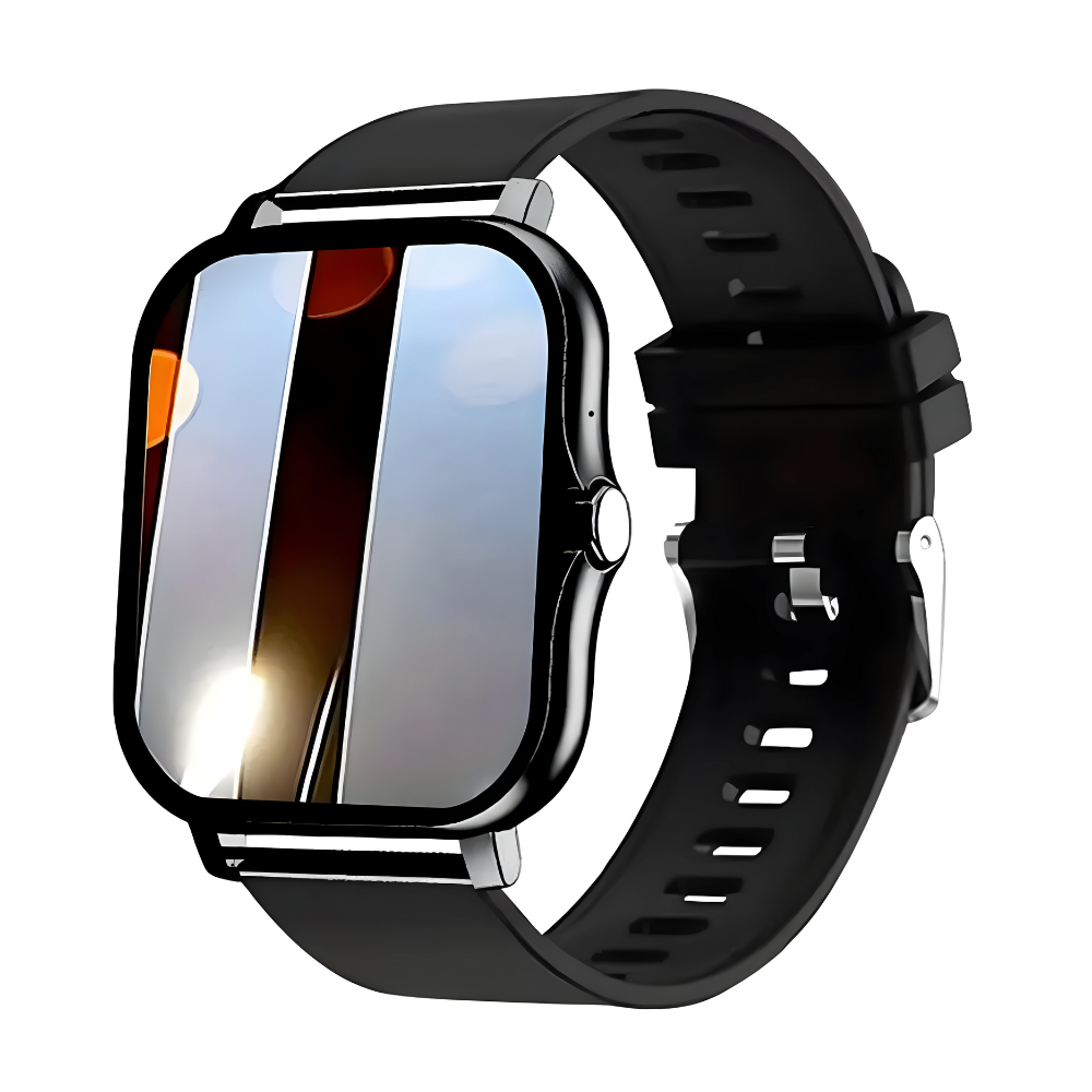 Schwarze Smartwatch mit rechteckigem Display und Silikonarmband, moderne Technologie, Fitness-Tracker.
