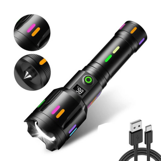 Schwarze LED-Taschenlampe mit USB-Ladekabel, digitalem Display und Notfallhammer.