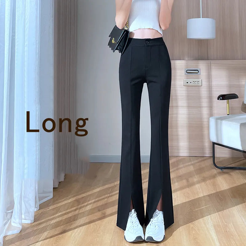 Damen Schlaghose schwarz, elegant, lang, mit Schlitz, modisch, ideal für Büro oder Freizeit.