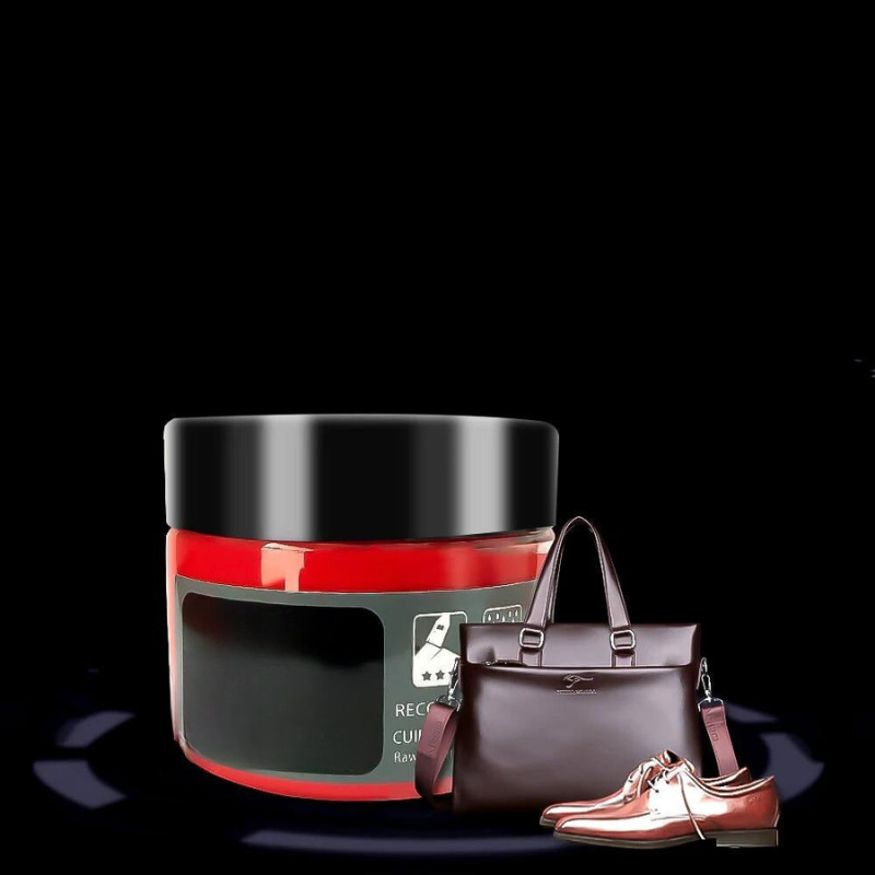 Rote Schuhcreme, braune Ledertasche, elegante Herrenschuhe, Pflegezubehör, Lederpflege.