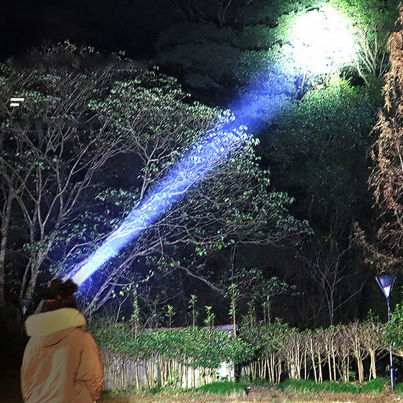Person mit starker LED-Taschenlampe beleuchtet Baum im Wald bei Nacht.
