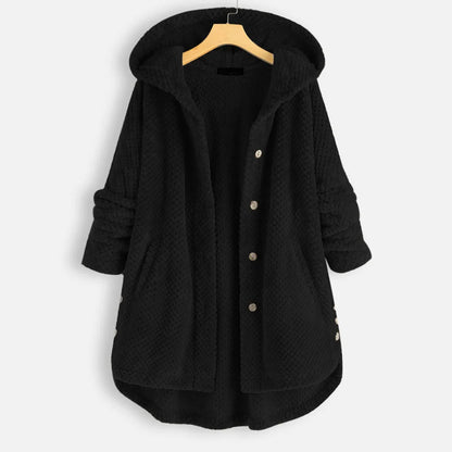 Schwarzer Damenmantel mit Kapuze, Knöpfen, aus Fleece, warm und stilvoll, ideal für Herbst/Winter.