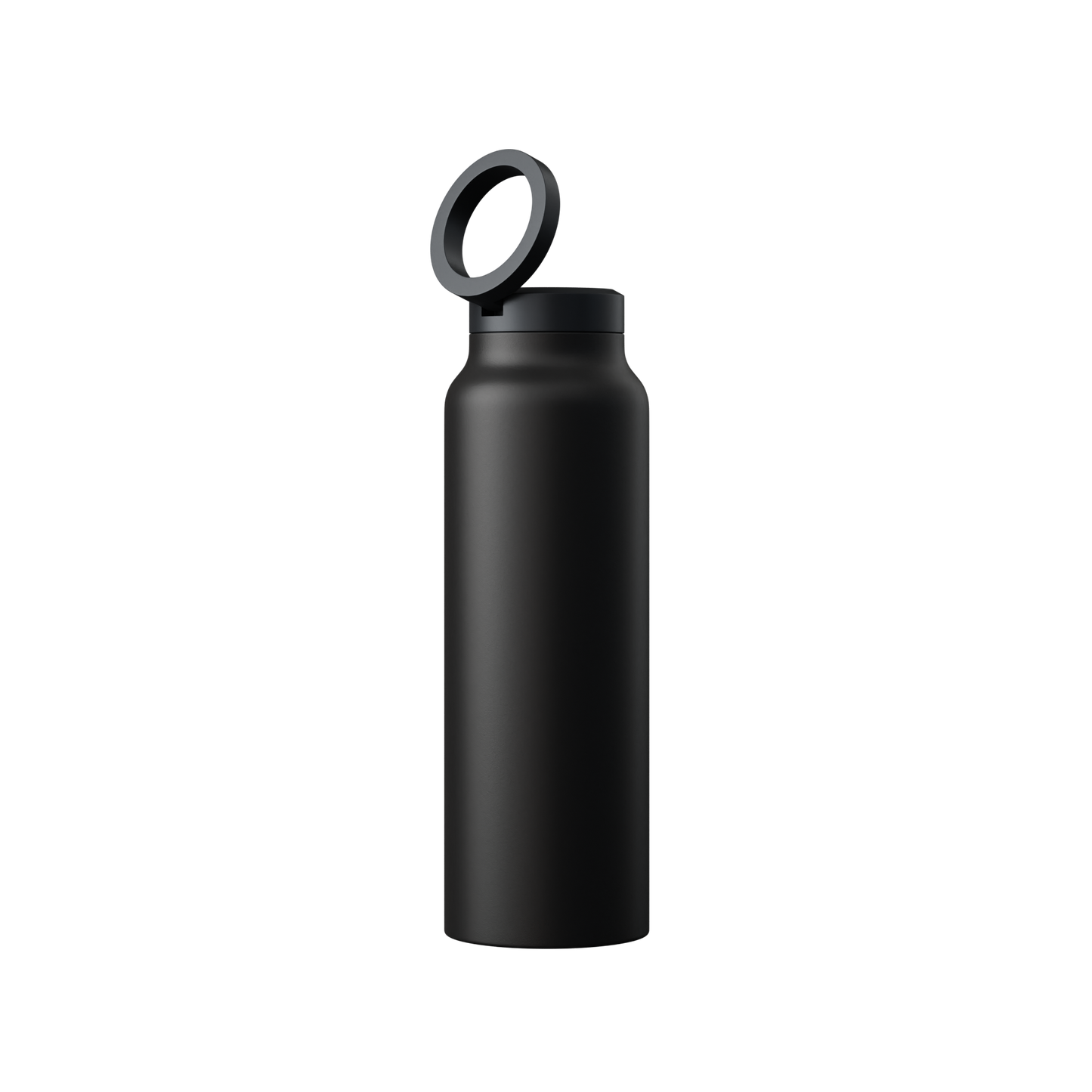 Schwarze Edelstahl-Wasserflasche mit Deckelring, wiederverwendbar, umweltfreundlich.