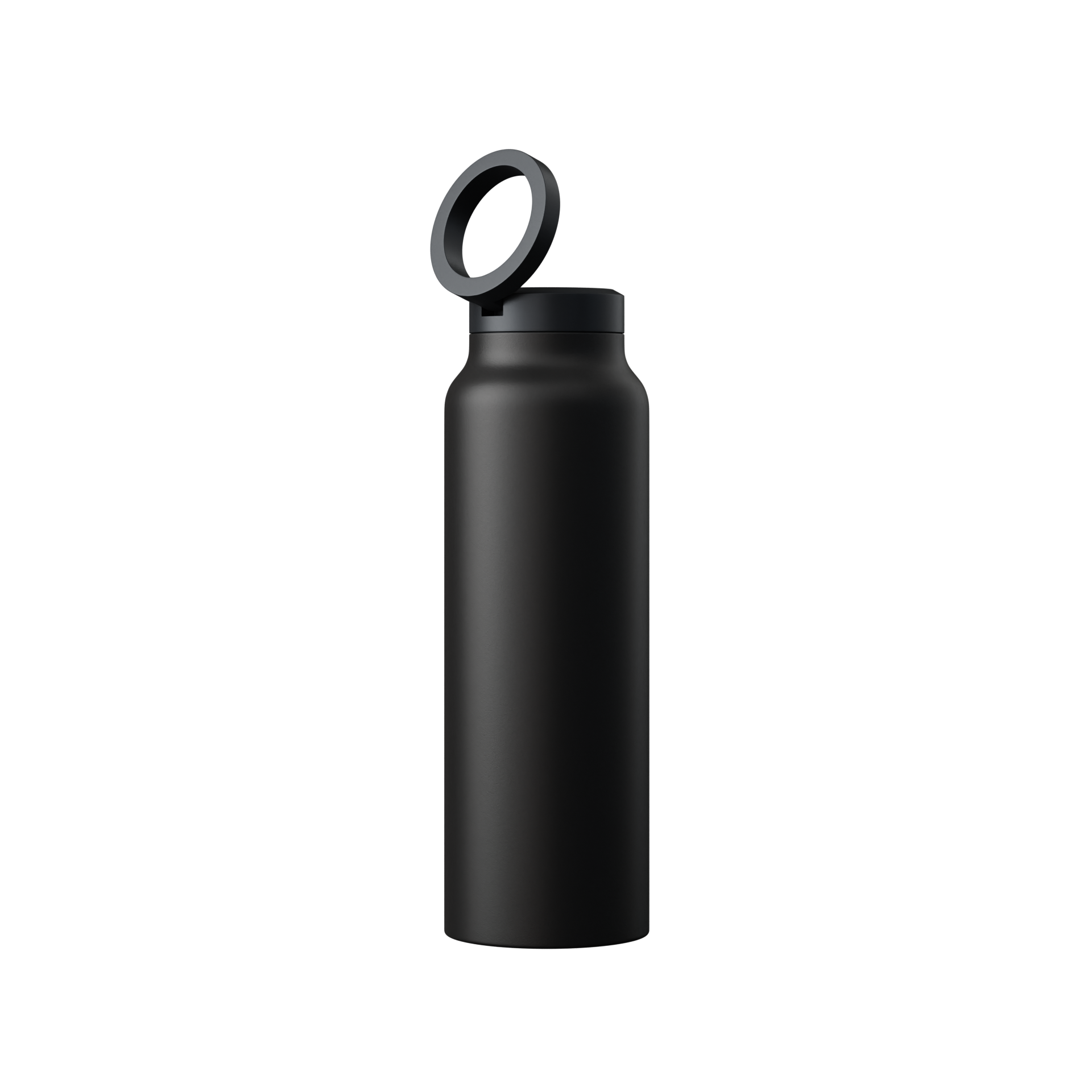 Schwarze Edelstahl-Wasserflasche mit Deckelring, wiederverwendbar, umweltfreundlich.