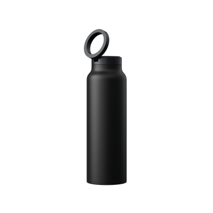 Schwarze Edelstahl-Wasserflasche mit Deckelring, wiederverwendbar, umweltfreundlich.