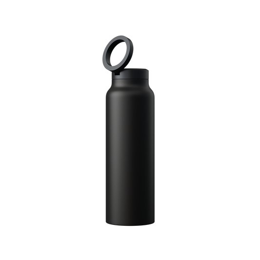 Schwarze Edelstahl-Wasserflasche mit Deckelring, wiederverwendbar, umweltfreundlich.