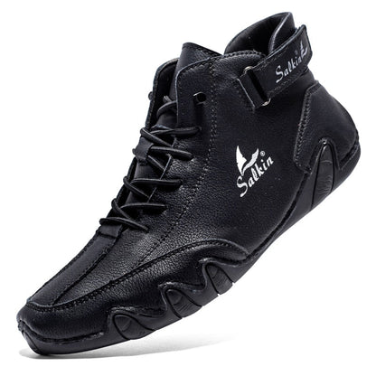 Schwarzer Leder-Sneaker mit Klettverschluss, rutschfeste Sohle, modischer Herren-Freizeitschuh.