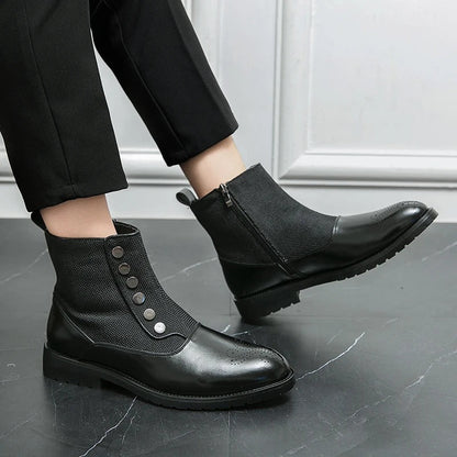 Schwarze Lederstiefeletten mit Knöpfen, elegantes Design, Damenmode, Herbst-Winter-Schuhe.
