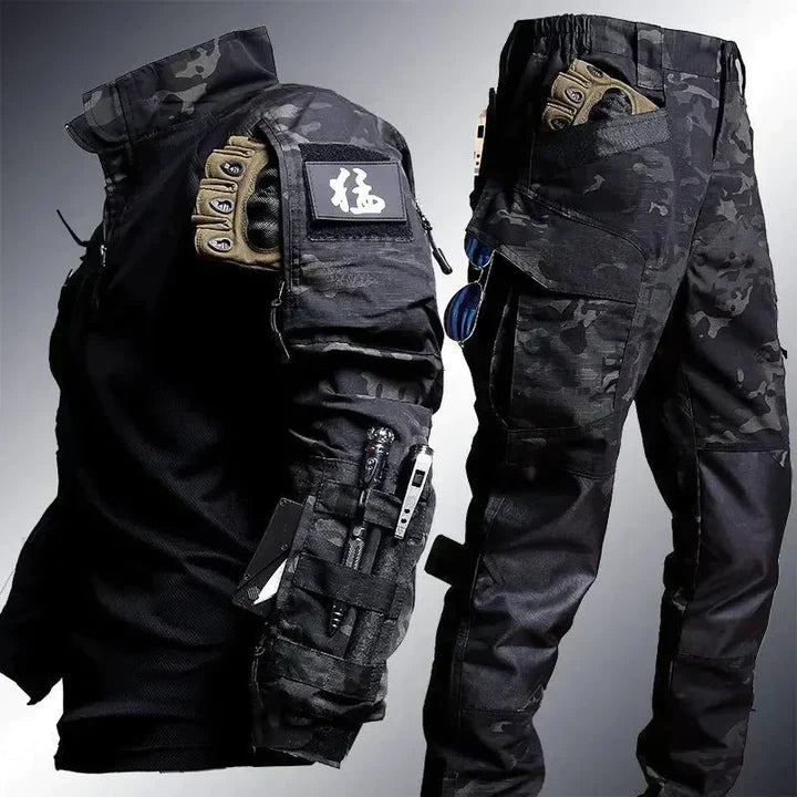 Taktische Tarnhose und Jacke, schwarz, mit Taschen, Outdoor-Bekleidung, Herren, robust.