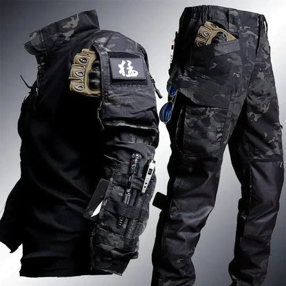 Taktische Tarnhose und Jacke, schwarz, mit Taschen, Outdoor-Bekleidung, Herren, robust.