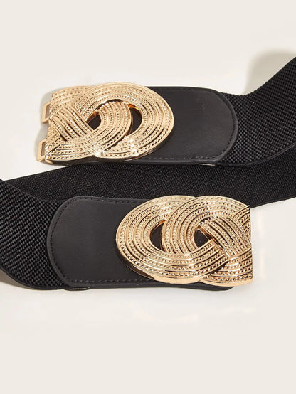 Schwarzer elastischer Gürtel mit goldener Schnalle, Damenmode Accessoire, elegant und stilvoll.