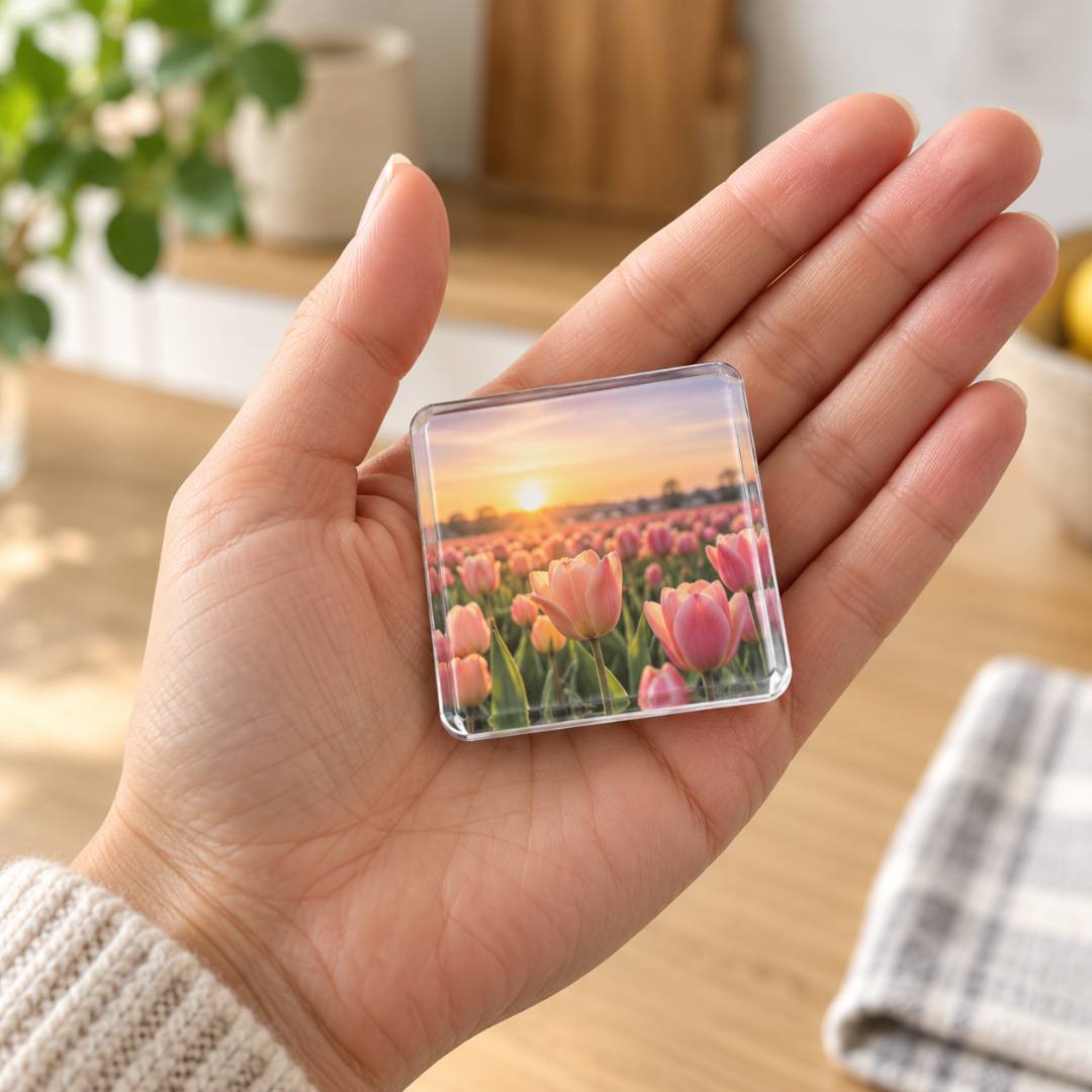 En hand håller en kvadratisk akrylmagnet med fält av rosa tulpaner i solnedgång 6