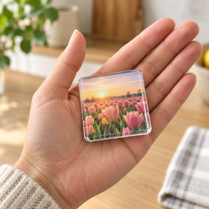 En hand håller en kvadratisk akrylmagnet med fält av rosa tulpaner i solnedgång 6
