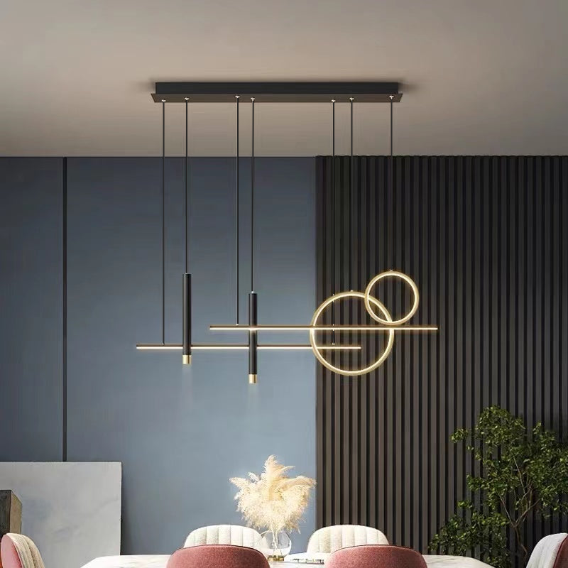 Moderne LED-Pendelleuchte, schwarz-gold, geometrisches Design, Wohnzimmerbeleuchtung.