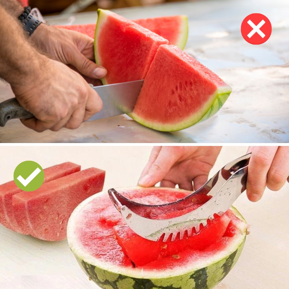 Zwei Methoden zum Schneiden von Wassermelone: Messer oben, Melonenschneider unten.