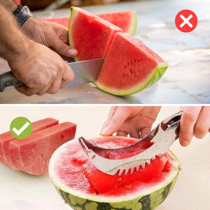 Zwei Methoden zum Schneiden von Wassermelone: Messer oben, Melonenschneider unten.